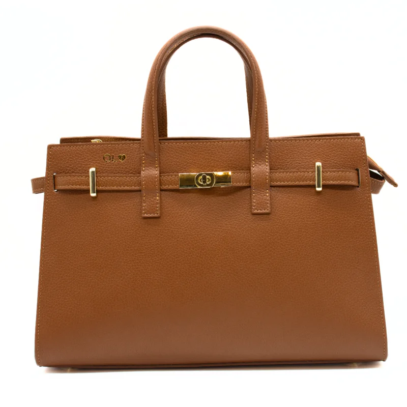 carine camel leather handbag gold personalization