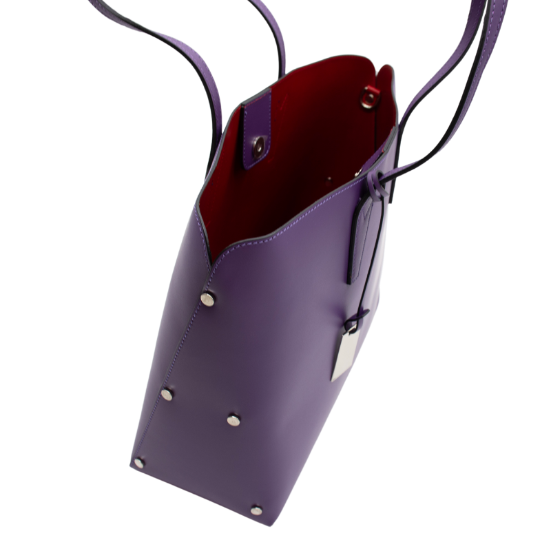 stud purple tote leather bag interior detail