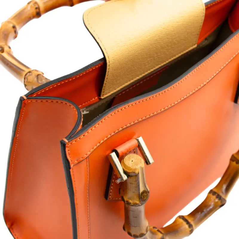 bamboo orange leather handbag interior