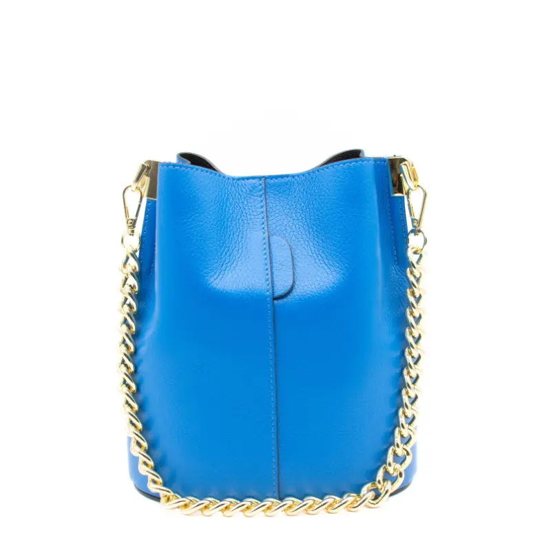 jessie blue leather bucket bag chain strap