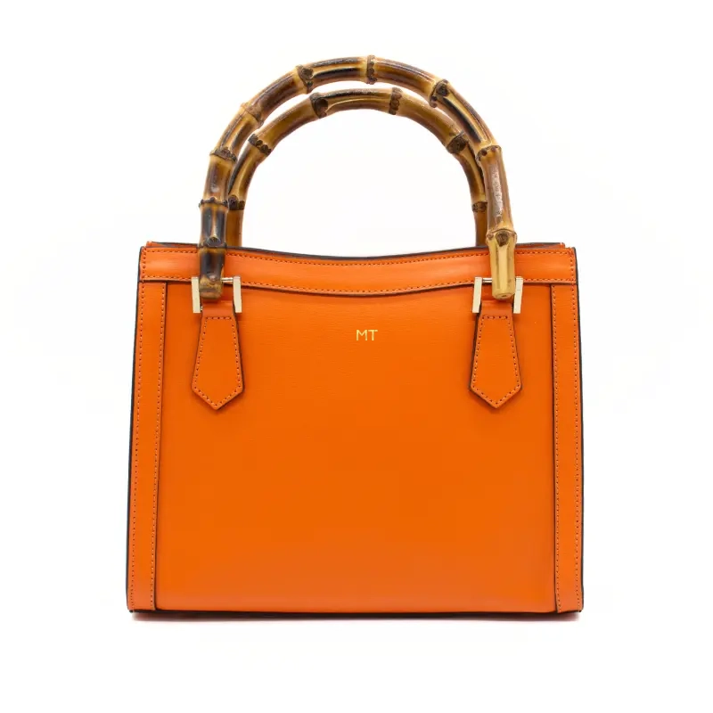 bamboo orange leather handbag gold personalization