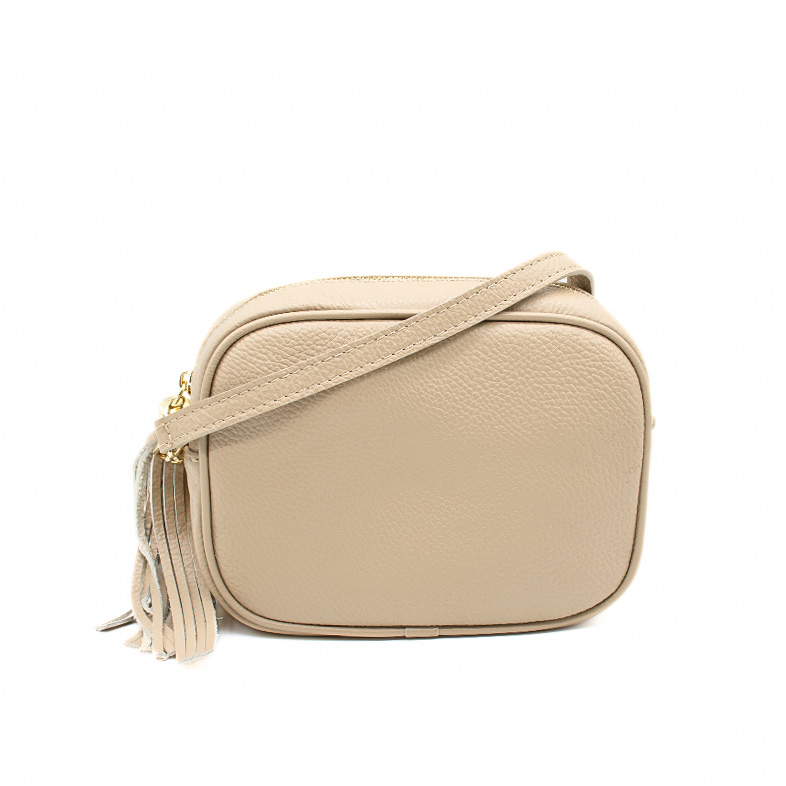 bb taupe leather crossbody bag front strap