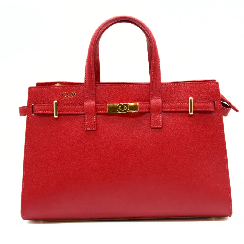 carine red leather handbag gold personalization