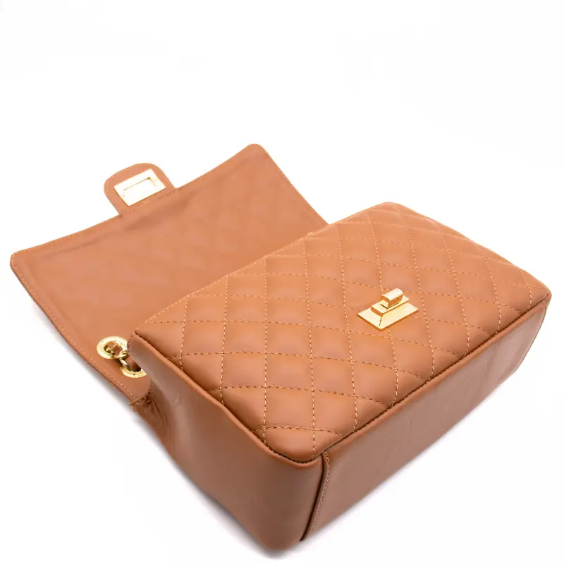 classic m camel shoulder leather bag layed