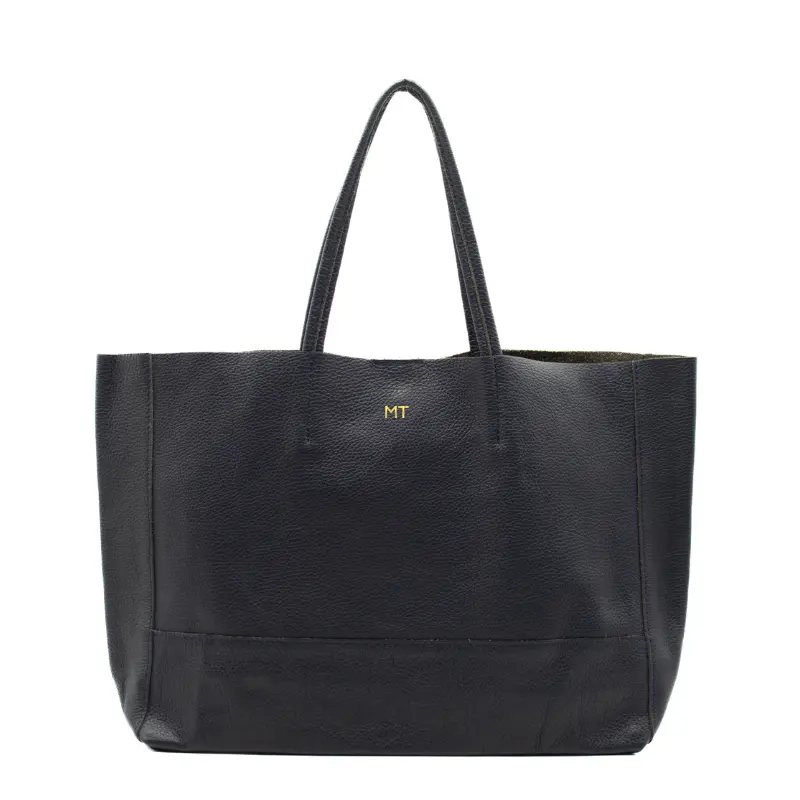 essential black leather shopper bag gold personalization