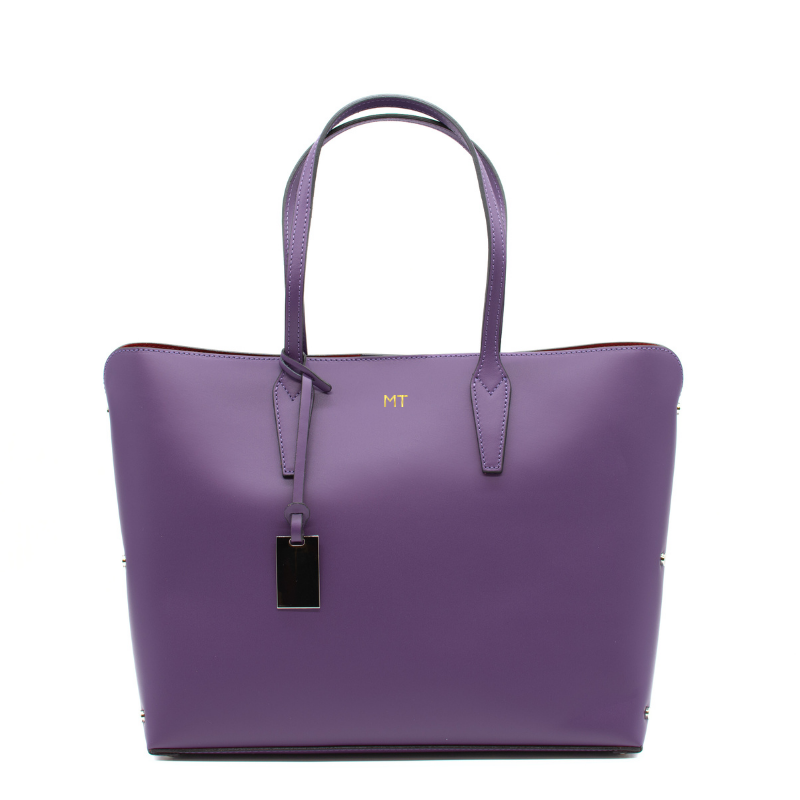 stud purple tote leather bag gold personalization