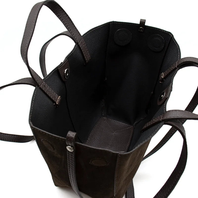 mag suede dark brown leather handbag interior
