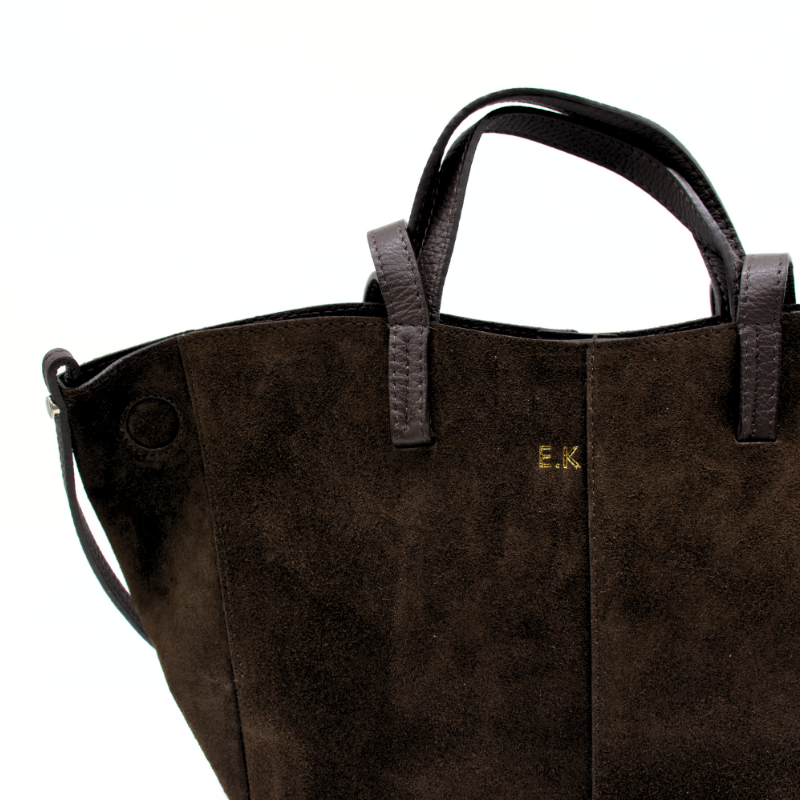 mag suede dark brown leather handbag gold personalization