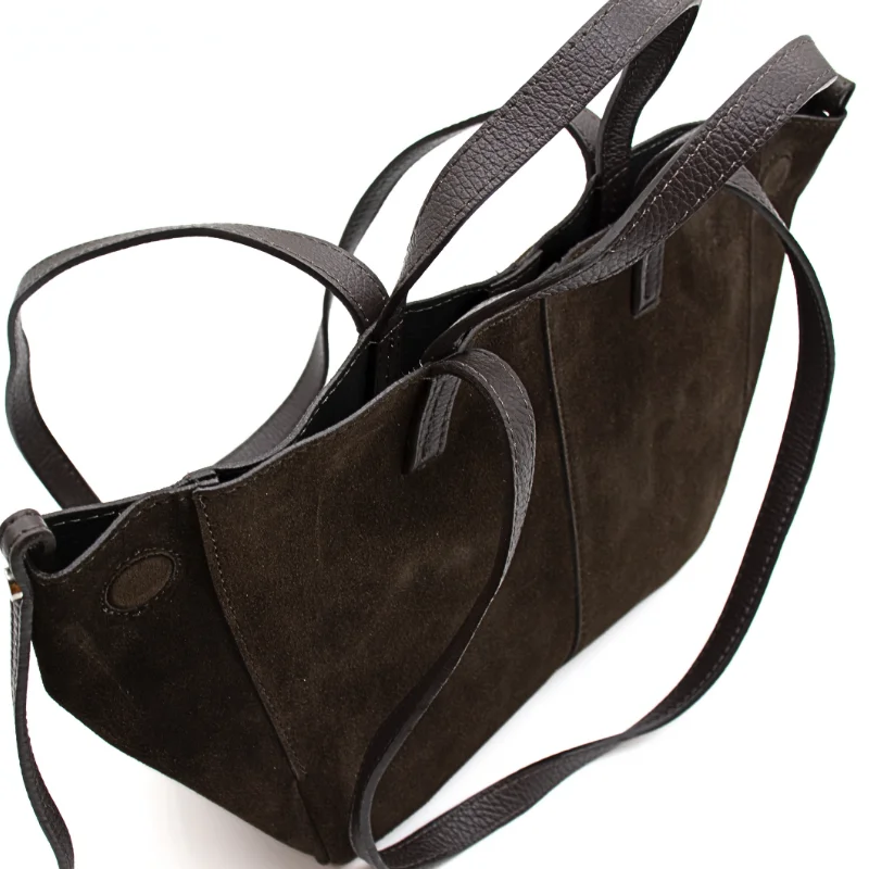 mag suede dark brown leather handbag details