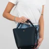 Star black leather bag on model