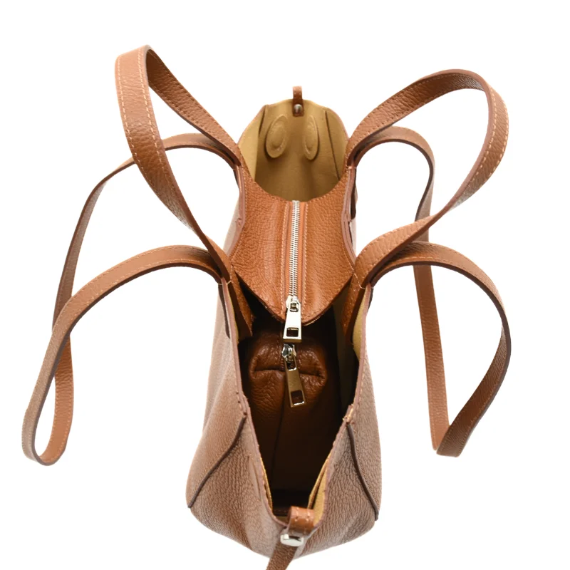 Mag Camel Leather Handbag interior zip Mag Camel Leather Handbag interior zip
