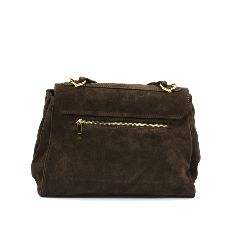 pure chocolate suede leather handbag back