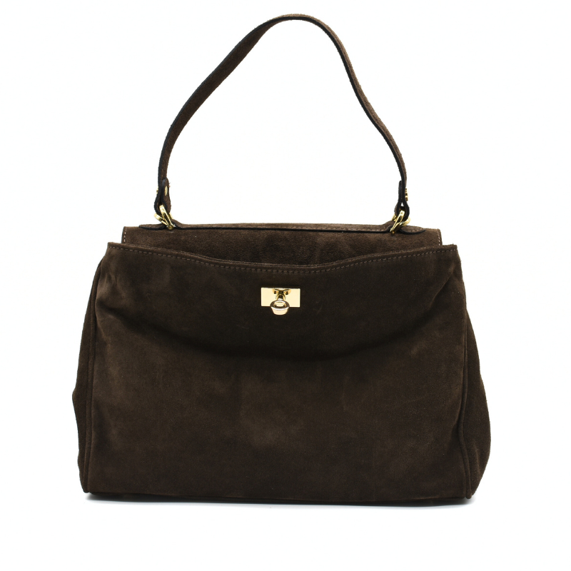 pure chocolate suede leather handbag opened