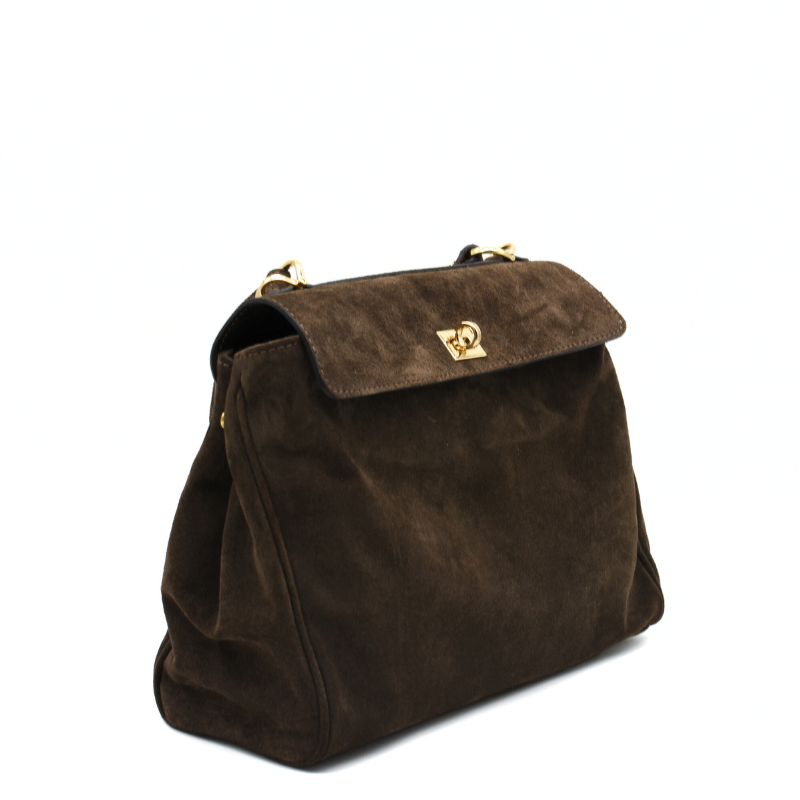 pure chocolate suede leather handbag right side