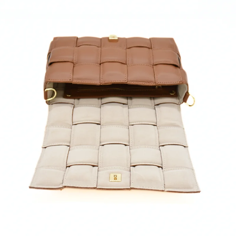 Braid Camel Crossbody Leather Bag opened Braid Camel Crossbody Leather Bag opened