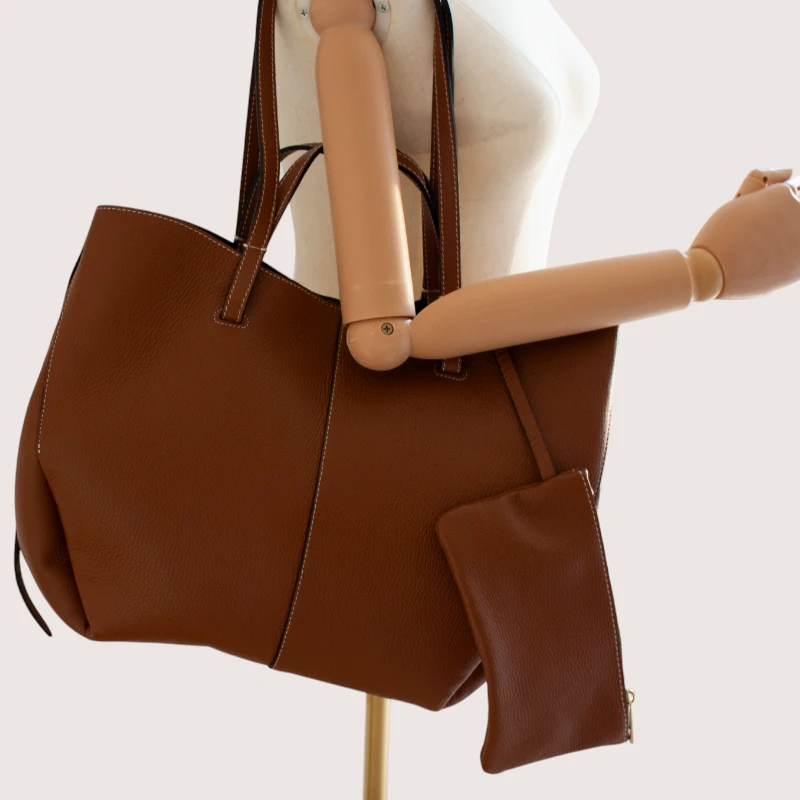 Mag L Camel Leather Handbag on model