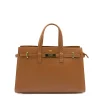 carine camel leather handbag gold personalization