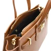 carine camel leather handbag interior detail