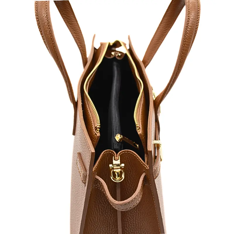 carine camel leather handbag opened