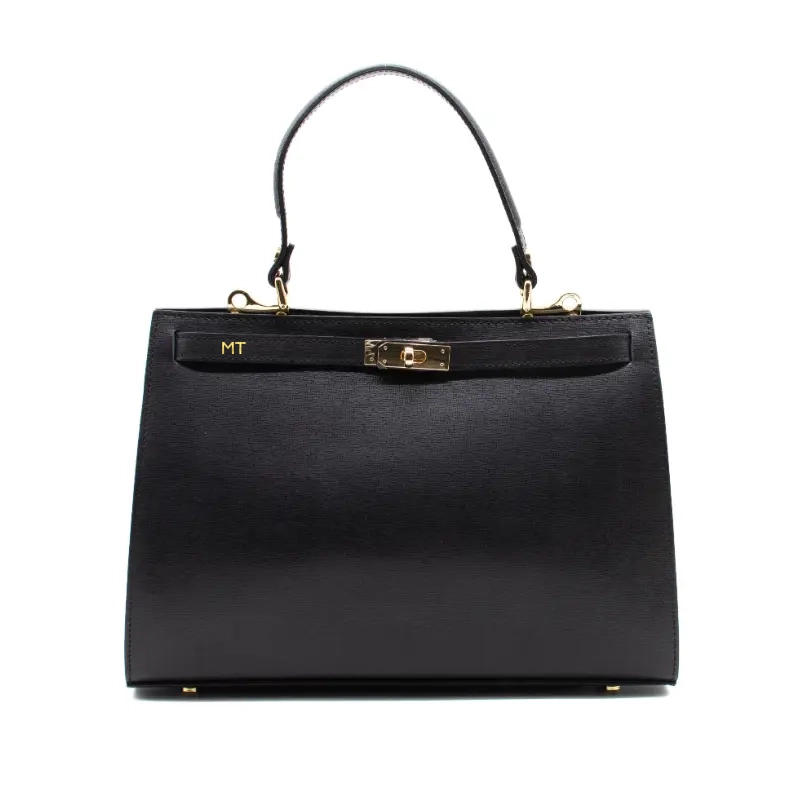 sophia black leather handbag gold personalization