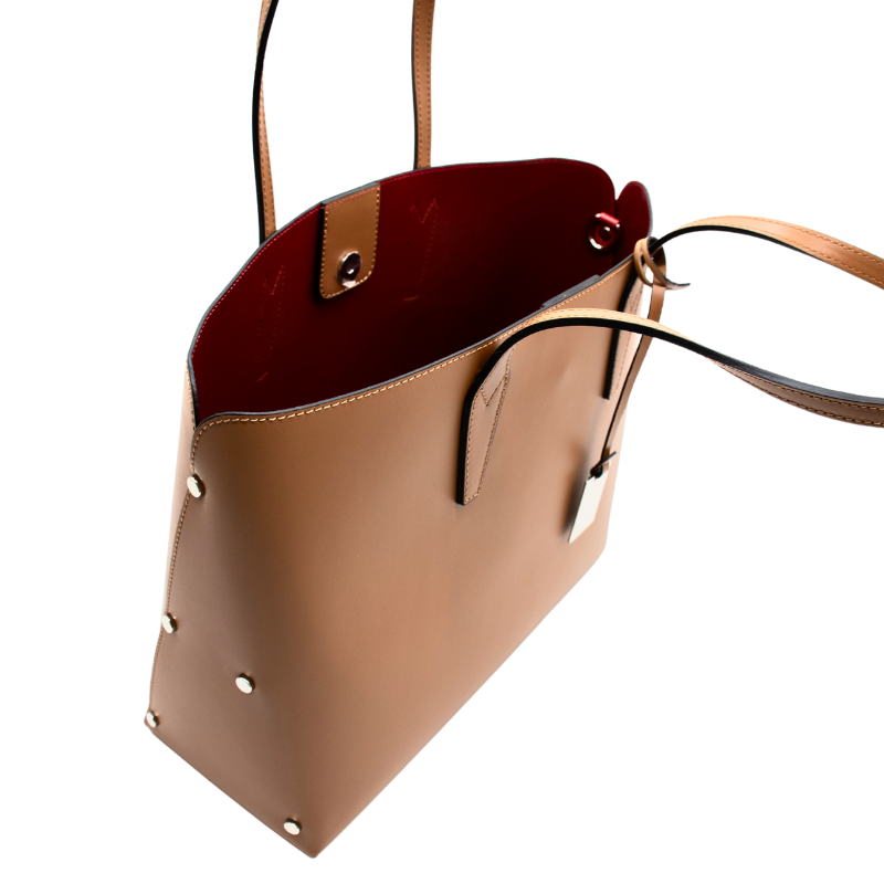 stud camel tote leather bag interior