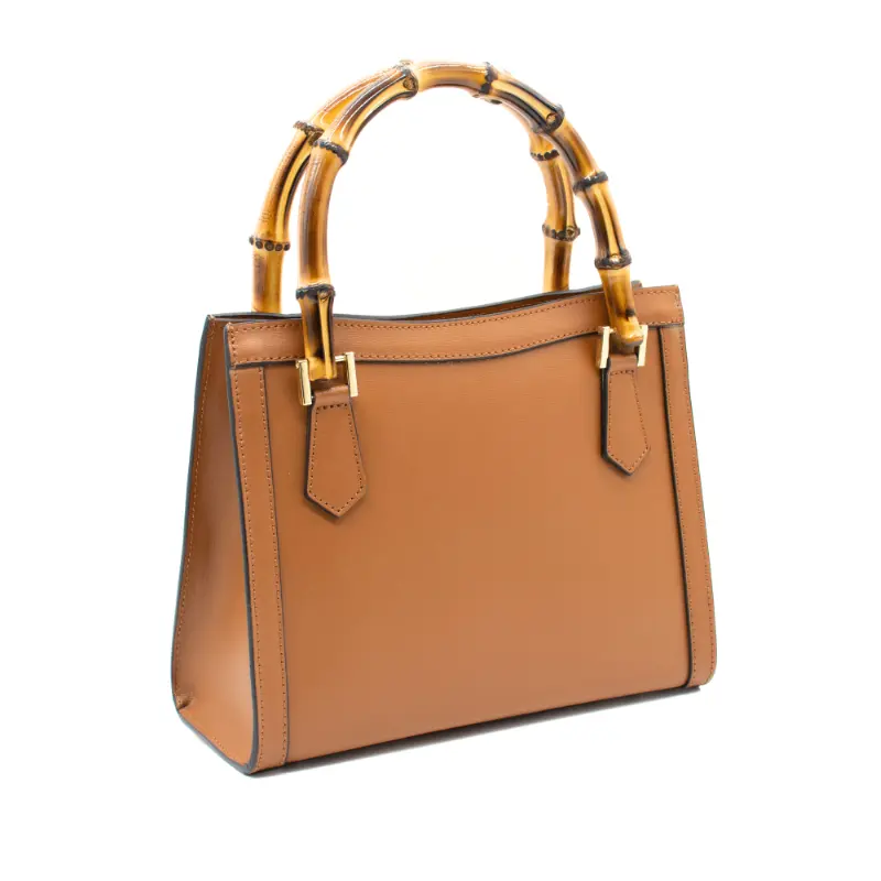 bamboo camel leather handbag side