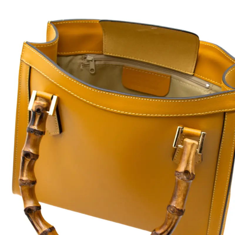 bamboo yellow leather handbag interior