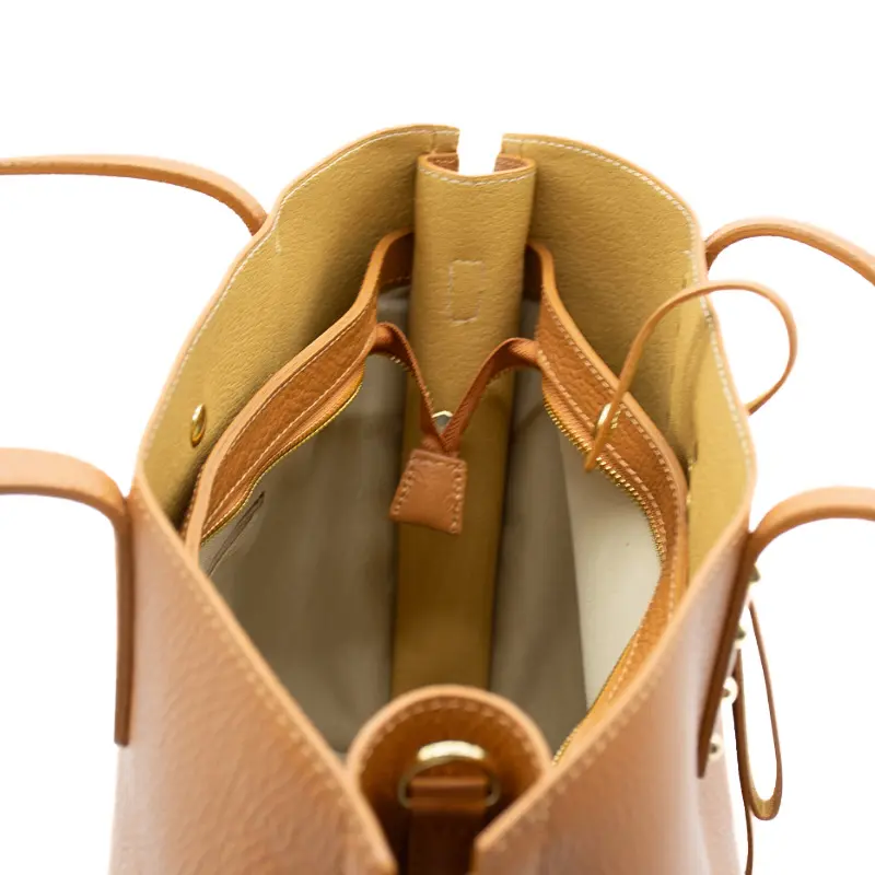 bela camel tote leather bag opened