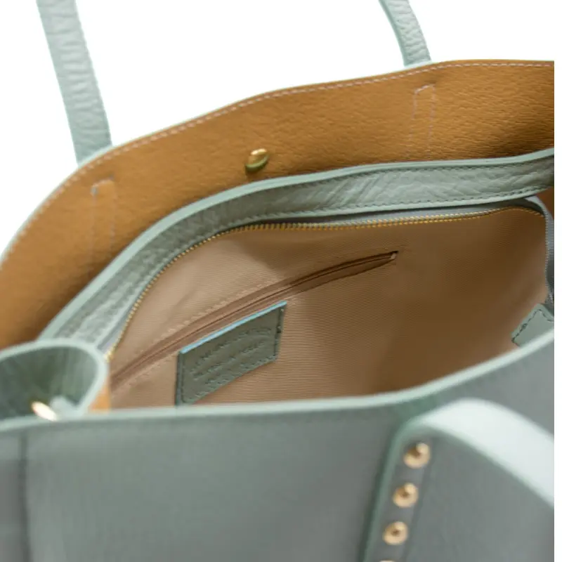 bela mint tote leather bag interior detail