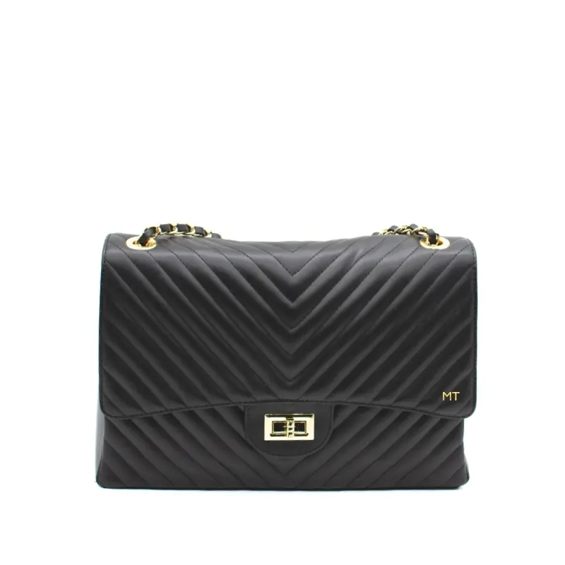 classic stripes xl black shoulder leather bag gold personalization