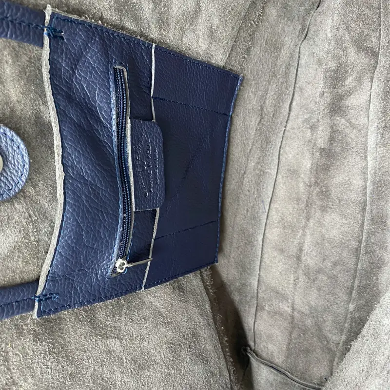 essential blue leather shopper bag interior