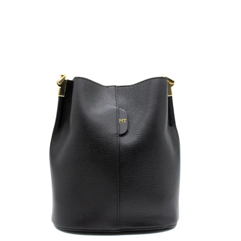 jessie black leather bucket bag gold personalization