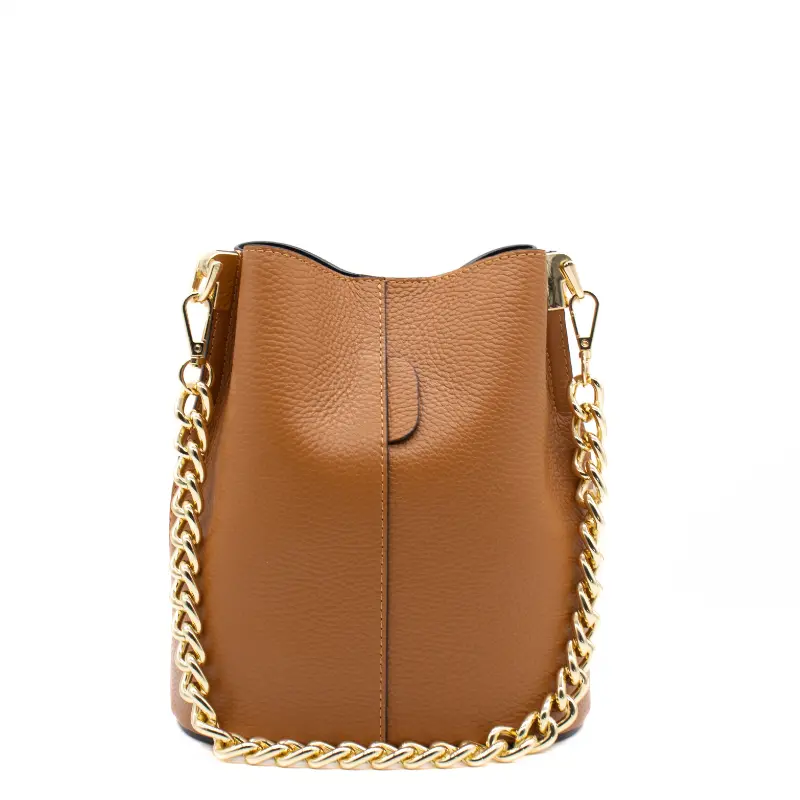 jessie camel leather bucket bag back chain strap