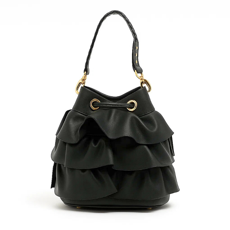 ruffle-black-leather-bucket-bag-back ruffle black leather bucket bag back