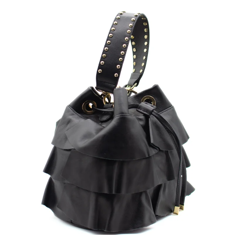 ruffle-black-leather-bucket-bag-side ruffle black leather bucket bag side