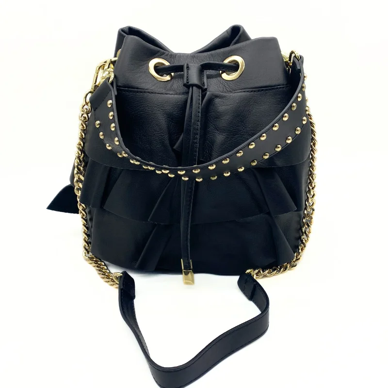 ruffle-black-leather-bucket-bag-strap ruffle black leather bucket bag strap