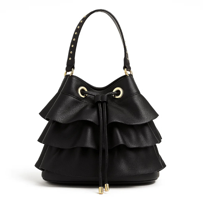 ruffle-black-leather-bucket-bag ruffle black leather bucket bag