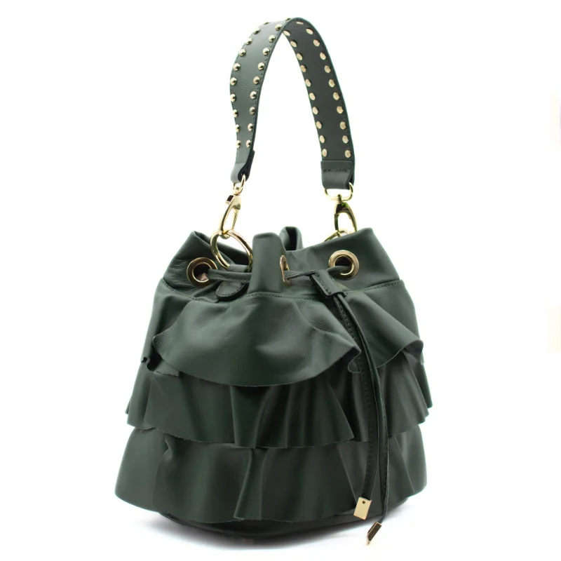 ruffle green leather bucket bag side