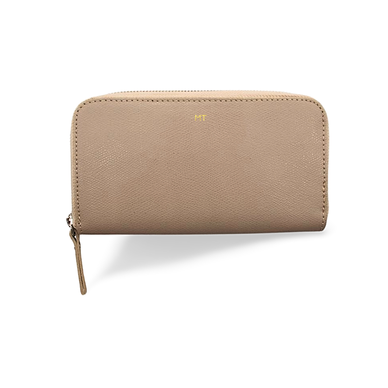 saffie taupe leather wallet gold personalization