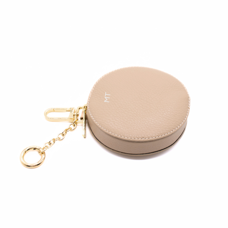 circle beige leather coin purse silver personalization