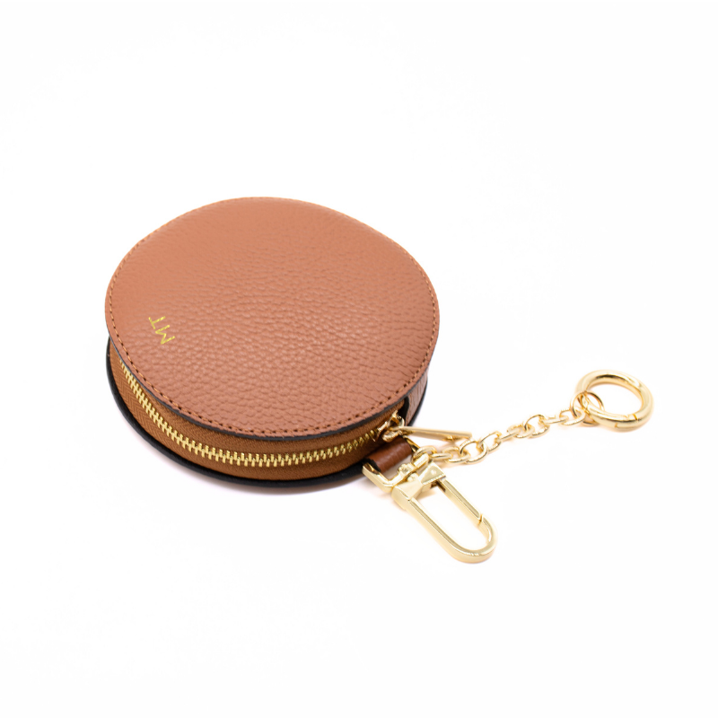 circle camel leather coin purse gold personalization