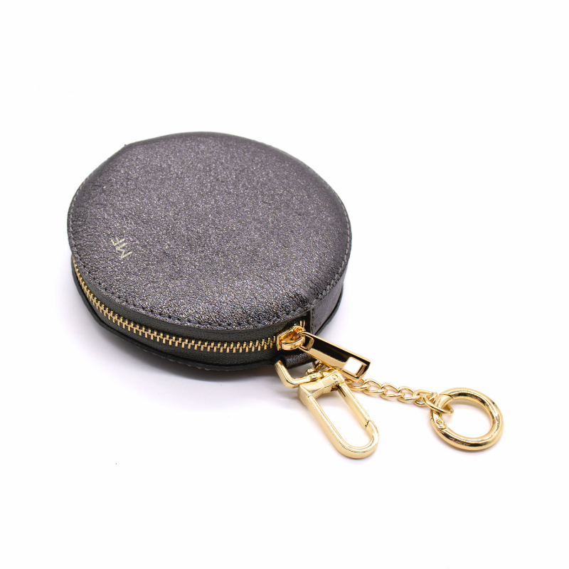 circle metal gray leather coin purse silver personalization