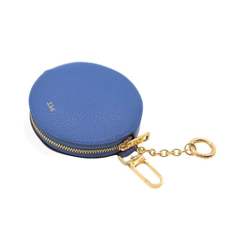 circle royal blue leather coin purse gold personalization