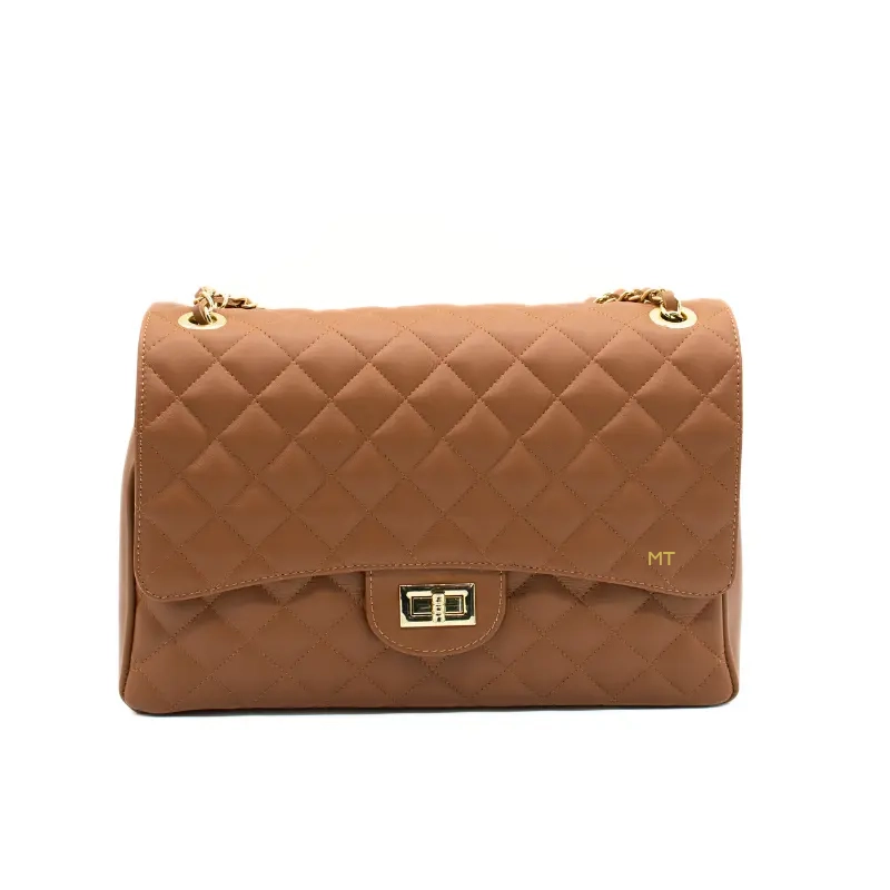 classic xl camel shoulder leather bag gold personalization