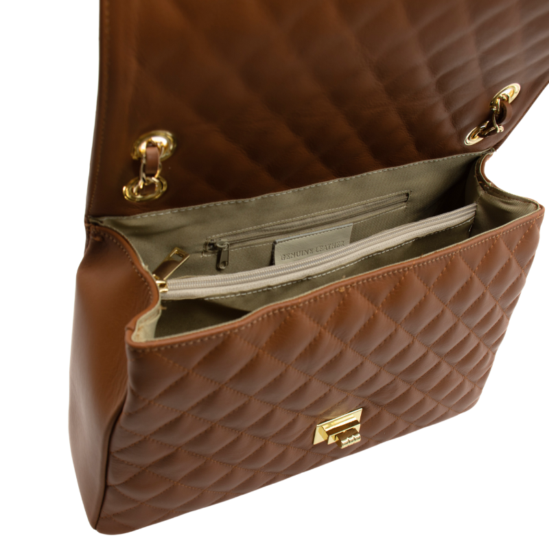 classic xl camel shoulder leather bag interior detail