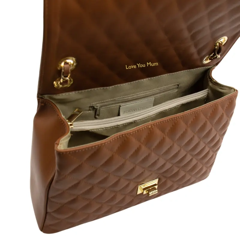 classic xl camel shoulder leather bag interior gold personalization