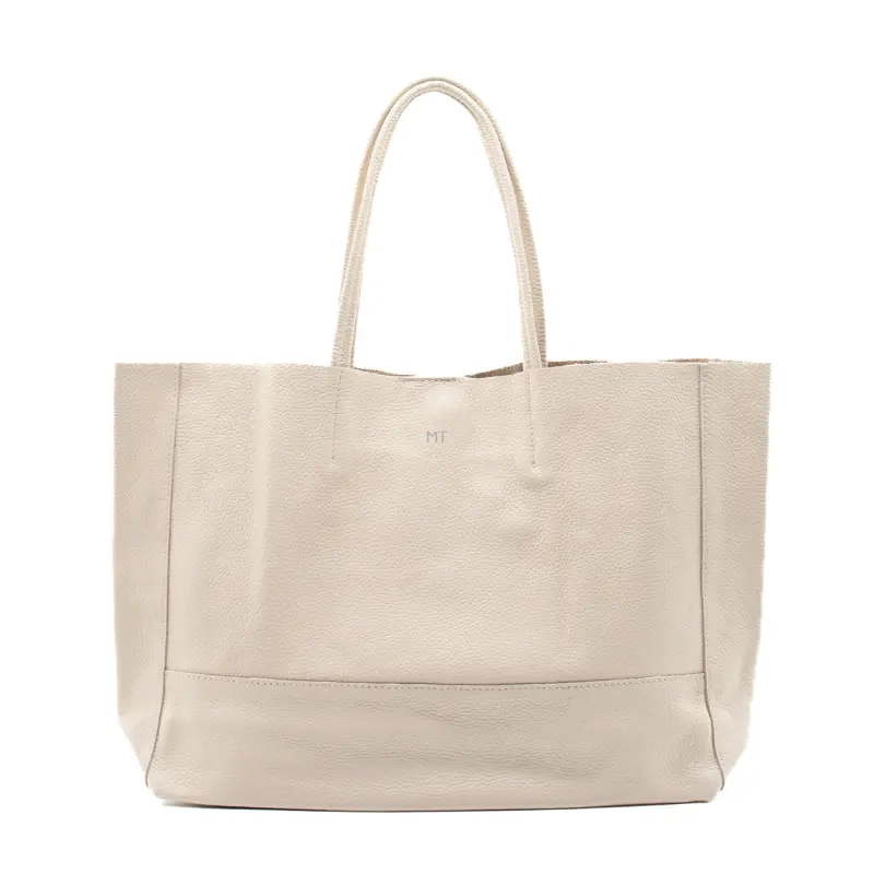 essential beige leather shopper bag silver personalization