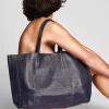 essential blue leather shopper bag on model