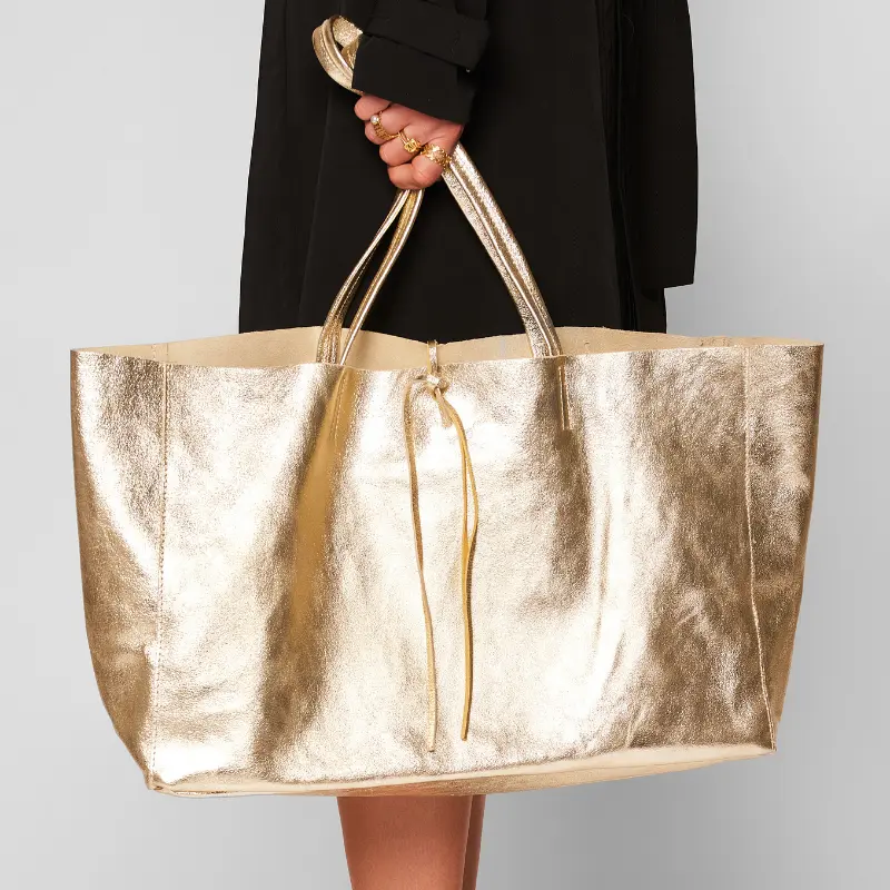 essential gold leather shopper bag on model