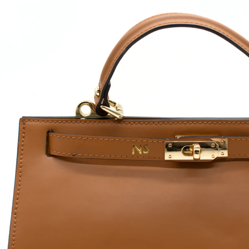 sophia camel leather handbag gold personalization